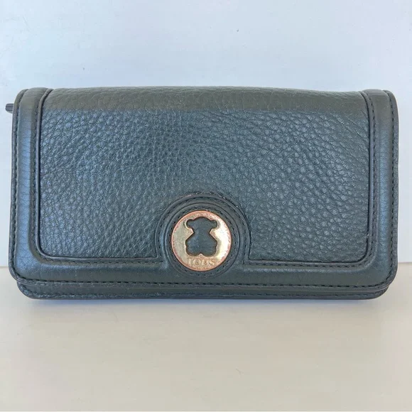 ♦️SOLD♦️TOUS Rose Collection Dark Green Pebbled Calfskin Leather Front Logo Flap - Picture 2 of 13